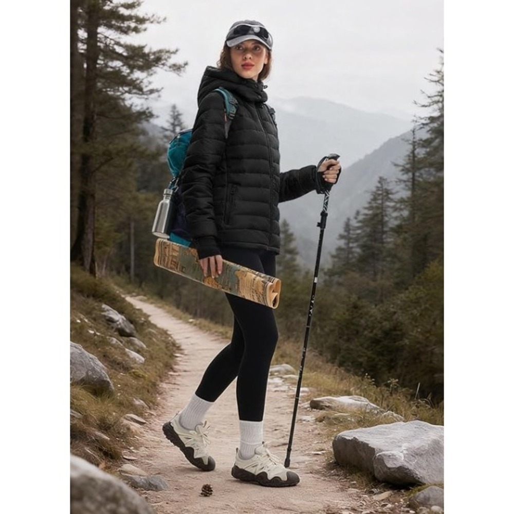 Black Packable Puffer Jacket, Womens 2XL, Lightweight Hooded Winter Coat Outdoor - Picture 6 of 7